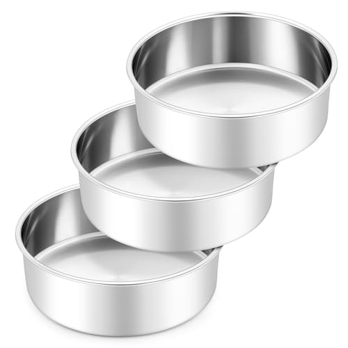 Leonyo 8 Inch Cake Pan, Stainless Steel Circle Baking Pans Set, 3 Pieces Round Layer Cake Tin for Wedding Birthday, Even Heating, Non Toxic & Healthy, Heavy-Duty, Dishwasher Safe - size: 8x3 Inch