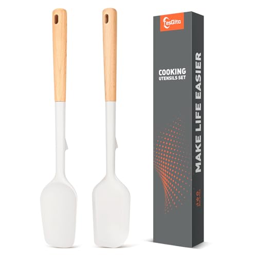 Large Silicone Rubber Spatula Scrapers 14" with Long Wood Handle, 2 Pack - color: White