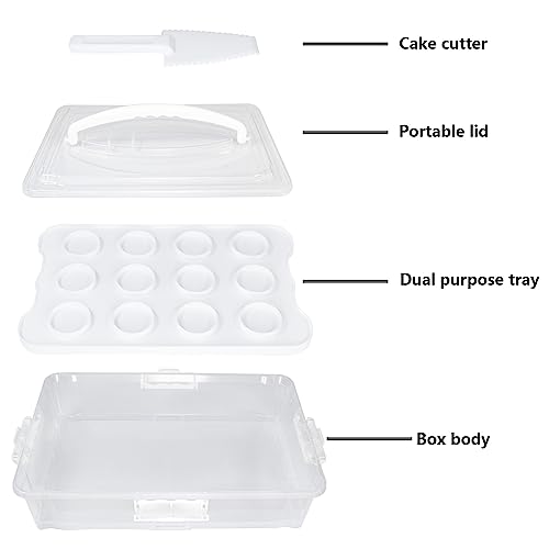 1Pack White Plastic Cake and Cupcake Carrier Holder, Large Portable Storage Container for Storing 12 Cupcakes or 1 Large Cake