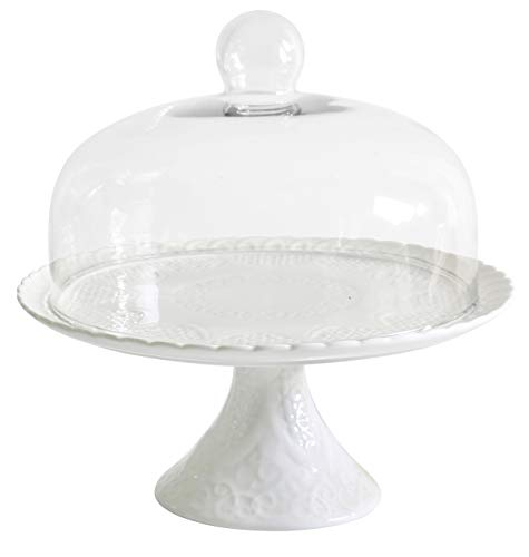 Jusalpha 12 Inches White Porcelain Cake Stand-Cupcake Stand with Glass Dome
