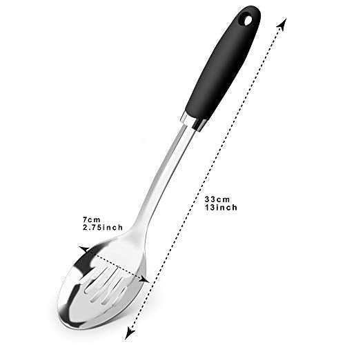 Stainless Steel Slotted Spoon, 12.9-Inch, Black Handle - color: B-Silver Spoon