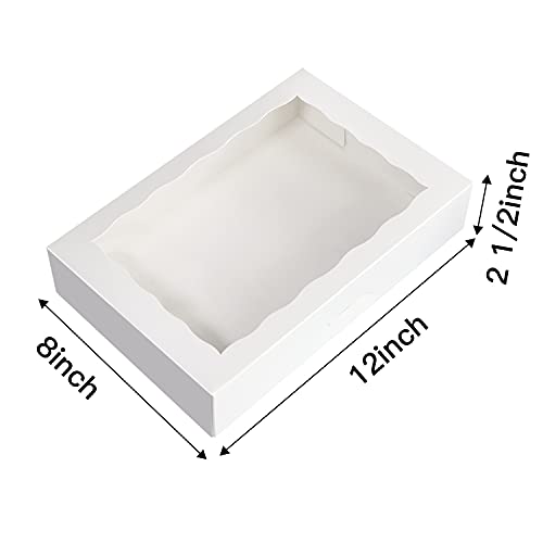 ONE MORE 15-Pack White Bakery Box12x8x2.5inch,Large Pastry Cookie Box for Donuts,Muffins with Window Lid - Auto-Pop up Paper Box Doughnut Chocolate Strawberries Treat Boxes,Pack of 15