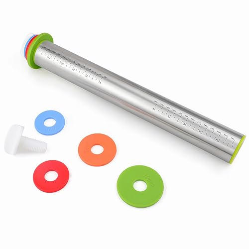 17" Stainless Steel Adjustable Rolling Pin with 4 Sets Thickness Rings, Dough Roller Pin for Pizzas, Pies, Biscuits, Dumplings, Pasta - Easy to Clean