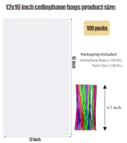 Nobranded 100 Pcs Clear Cellophane Gift Bags 12"x16" Large Plastic Cello Bags with Color Twist Ties for medium gift boxes, Craft kits, Party Favors & Gift Packaging - size: 12x16 Inch (Pack of 100)
