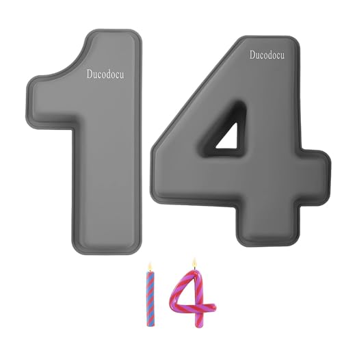 Ducodocu Silicone Number Cake Pan Large 3D Number Cake Mold Baking Forms Novel Cake Tins DIY Baking Mold for 15/51th Birthday Wedding Anniversary 10 inch Number of 1&4 Grey, Purple - size: 1&4