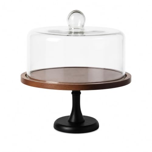 Glass Cake Stand with Dome, 11.5-Inch Bamboo Base, Dessert Display