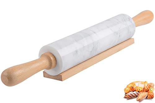 Marble Rolling Pin with Wooden Cradle Thick Handle Set for Baking,18.5 inch Premium Quality Polished Roller for Pizza Dough,Fondant,Pie Crust,Non-Stick Surface Easy to Clean(White) - color: White