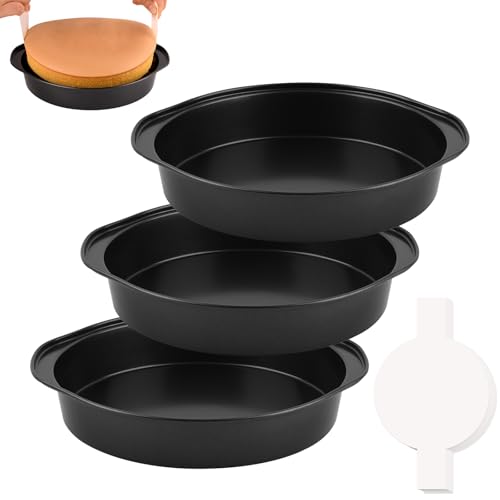 HUAKENER 3 Pcs 8 Inch Round Cake Pans with 100 Pieces Parchment Paper - size: 8 Inch with Handles