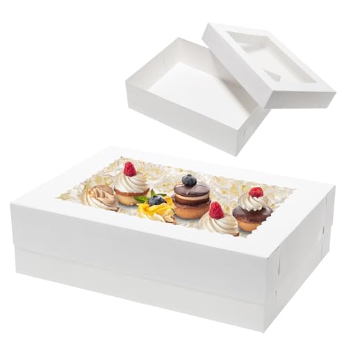 Mcfleet 10pcs 14x10x4 Cake Boxes with Window Rectangle Quarter Sheet Bakery Boxes for Pastry Baking Cake, Cupcakes, Donuts, Cookies, Pie Treat Packaging White Large