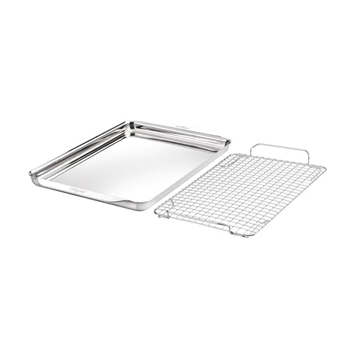 All-Clad Stainless Steel Half-Sheet Baking Pan 13" x 21" with Cooling Rack - Tri-ply Bonded for Consistent Baking- (Roast, Bake Cookies, Brownies and More) Professional Stainless Steel Bakeware - size: 2Pcs Half Sheet Pan & Cooling Rack Set(13" x 21")