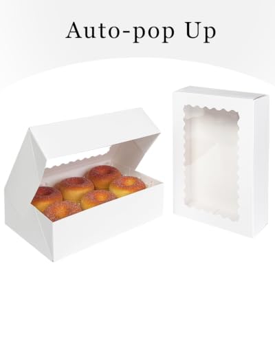 qiqee Auto-pop up Cookie Box with Window 9x6x2.5 Inch White 50Pcs Pastry Macaron Bakery Pie Box for Packaging - color: 9x6x2.5, 50Pcs, White