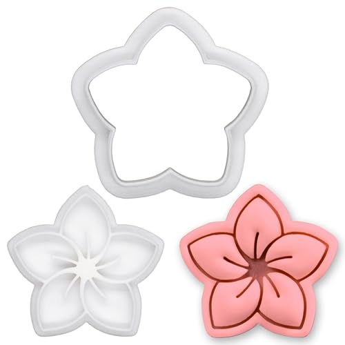 BAKERLOGY Frangipani Mini Cookie Cutter and Stamp Set – Plumeria Flower Biscuit Fondant Embosser for Tropical Hawaiian Baking, Summer Luau Party Cupcake Decoration