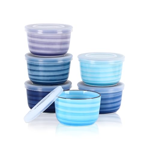 Selamica Ceramic 10 OZ Ramekins with Lids, Set of 6, Gradient Blue - color: Gradient Blue, size: 10 Oz