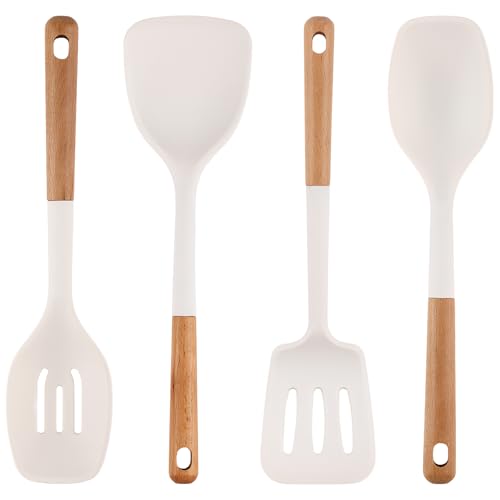 Silicone Kitchen Utensils Set of 4, Large Non-Stick Cooking Utensil Set w Wooden Handle Food Grade Heat Resistance Turner Spoon Silicone Cooking Kitchen Gadgets BPA Free for Nonstick Cookware - color: White, size: Large 4-Piece Set