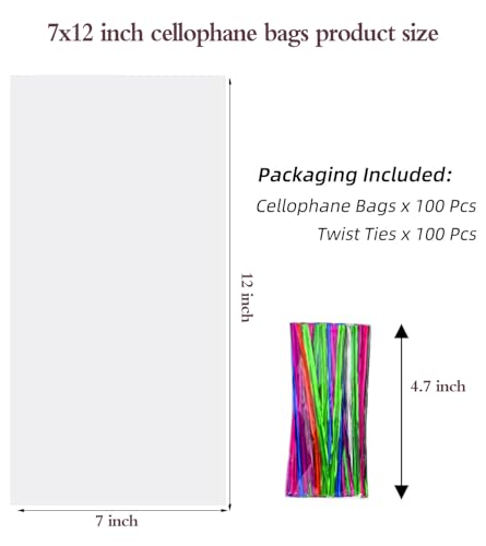 Nobranded 7x12 Inch Clear Cellophane Bags Mug gift bags 100 Pcs Plastic Sleeves with Twist Ties, 1.4 Mil Cellophane Treat Gift Bags for Cookies, Candy, Baking, Party Favors - size: 7x12 Inch (Pack of 100)