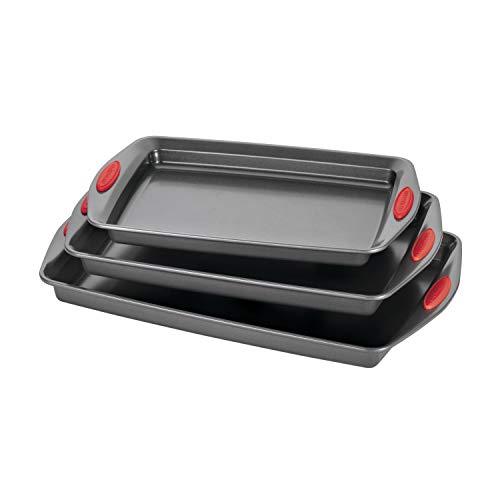 Rachael Ray Bakeware Nonstick Cookie Pan Set, 3-Piece, Gray with Red Grips - color: Red Grips
