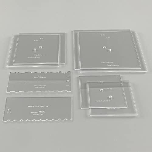 CAKESAFE Square Essential Cake Decorating Acrylic Disk Kit - 3 Sets - Square 6.25", 8.25", 10.25" Disk Sets (2 disks per size), 2-8" Icing Scrapers with 1 Scraper Edge and 3 Cake Comb Patterns - size: 2-6.25, 8.25, 10.25" Square Disks
