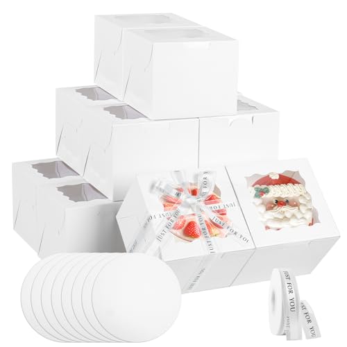 48PCS 7x7x5 inch Mini Cake Boxes with Cake Boards(24 Boxes &24 Boards) , White Bakery Boxes with Window for Pastries,Cake Containers with Ribbon for Cookies Gifts and Birthday Party(7*7*5inch/24pcs) - size: White 7*7*5inch/24sets