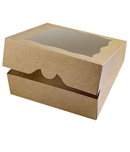 CHERRY 15-Pack 10"x10"x3"Brown Bakery Boxes with PVC Window for Pie and Cookies Boxes Large Natural Kraft Paper Box 10x10x3inch (Brown, 15)
