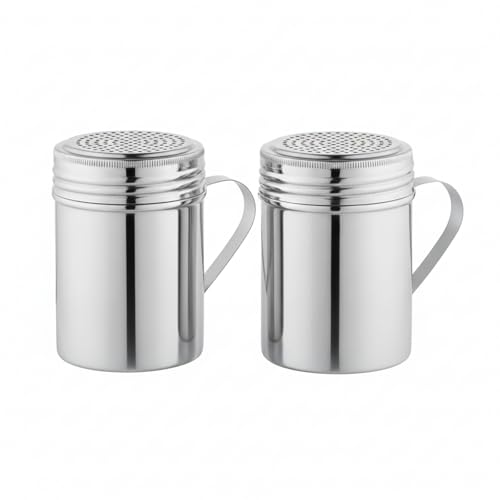 Stainless Steel 10 Ounce Dredge Shakers with Handle for Powder Sugar, Flour Duster for Baking, Seasoning Shaker, Salt and Pepper Shakers, Cinnamon Sugar Dispenser for Kitchen (2-PACK)