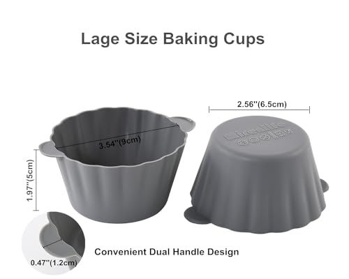 12 Pack Reusable Non-stick Large Silicone Baking Cups, 3.54 Inch Jumbo Silicone Cupcake Liners, Cake Molds with Handles, Large Muffin cups, Red and Gray