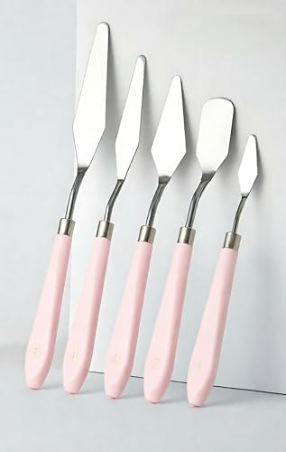 Palette Knife Set 5PCS Pink Handle Stainless Steel for Acrylic Oil Painting - color: Pink