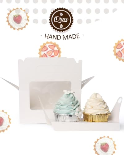 qiqee Cupcake Box Two Holder 6.5x3.6x3.5inch(2.2" Top) 50pcs White 2 Cupcake Boxes With Window - color: White, size: 50Pcs, Two Holder