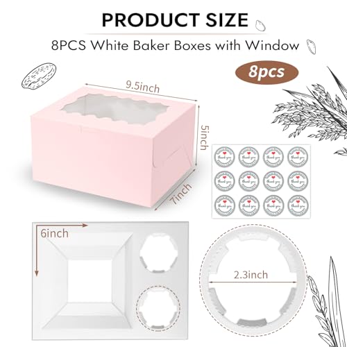 JCD 8Pcs Pink Cake Cupcake Combo Boxes Clear Lid with 2 Cupcake Holes -Clear Window Bento Cake Boxes for Bakery Baking Supplies(Pink 1+2/8Pcs) - size: Pink 1+2/8Pcs