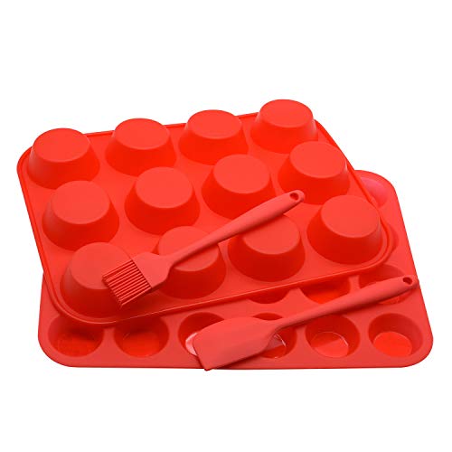 Silicone Muffin Pan Cupcake Set, Non-Stick Regular 12 Cups and Mini 24 Cups,Silicone Baking Molds,BPA Free Muffin Tin with 1 Silicone Spatula & 1 Oil Brush (Red) - color: Red
