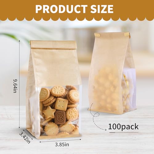 100Pack Kraft Bread Bags with Window and Tin Tie, 3.9 x 3.5 x 9.5 in - color: Brown