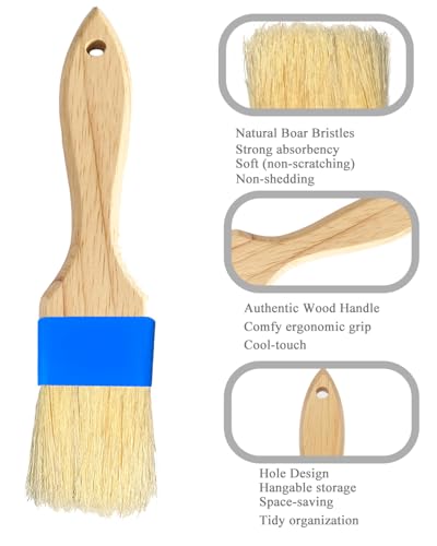 Natural Boar Bristle Pastry Brush,Heat Resistant Basting Brush for Cooking, BBQ, Baking, Food Grade Wooden Handle Oil Brush for Egg Wash, Butter,Marinade, Sauce, Dishwasher Safe(1",1.5",3PC) - color: Blue