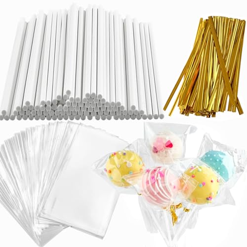 JOERSH 360Pcs Cake Pop Sticks and Wrappers Ties Kit - style: 120 Sticks, 120 Bags, 120 Gold Ties