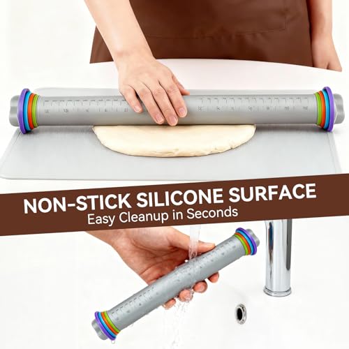 Adjustable Rolling Pin with Thickness Rings, Silicone Dough Roller
