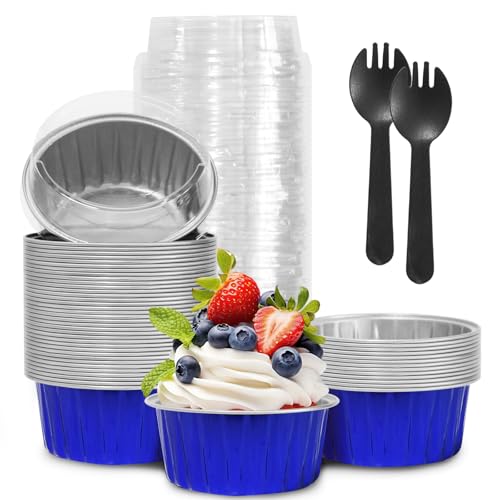 4th of July 50Pcs Mini Aluminum Foil Cupcake,5oz Baking Cups with Lids - color: Blue