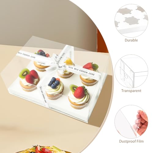 15 Pack Clear Cupcake Boxes, 6 Compartment Cupcake Container Set, Stackable Plastic Dessert Box with Gift Ribbon for Muffins, Macarons, Cookies, Dessert, Party(10.5 x 7.08 x 4 Inches)