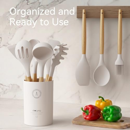 Silicone Kitchen Utensils Set, Food-grade Cooking Utensils, BPA-Free - color: Cream White