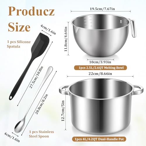 4-Piece Double Boiler, Chocolate Melting Pot Set Include 2500ml/2.3QT Mixing Bowl and 4000ml/3.63qt Stainless Steel Pot, Silicone Spatula, Stainless Steel Stirring Spoon, Induction Safe