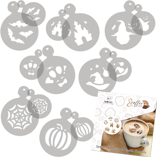 NAKLEO Coffee Stencils and Cookies Decoration 14Pcs 2.8”x2.8” and 4.3”x4.3”, Reusable Plastic Baking Templates, Halloween Ghost Spider, Barista DIY Art Craft, Capuccino Latte Chocolate Cake Biscuit - size: HALLOWEEN