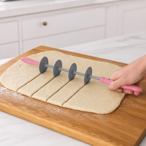 Adjustable Dough Cutter Roller, Multi Wheel Croissant Cutter Rolling Pin, ABS Pastry Roller for Bread Pizza Cookies, Grey Pink