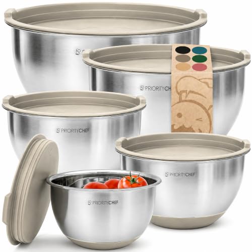 Priority Chef Premium Mixing Bowls With Lids Set, Airtight Lids, Thicker Stainless Steel, Non-Slip Base, 5 Nesting Steel Bowls for Kitchen, Large Prep Metal Bowl Set 1.5/2/3/4/5 Qt, Latte - color: Latte