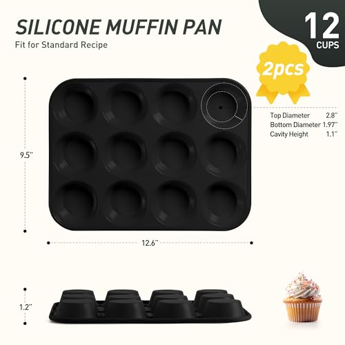 2 Pack 12 Cups Silicone Muffin Pan with Metal Reinforced Frame Regular Size Silicone Molds Cupcake Cake Baking Pans Cookie Baking Chocoflan Cupcake Mold Baking Homemade Muffins Cupcakes Egg Bites - color: Black, size: 2pc: 12-Cup Regular