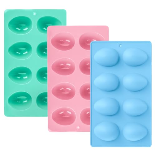 3Pcs 8-Cavity Easter Silicone Egg Molds, Egg Shaped Cake Pop Mold, Baking Supplies for Making Chocolate Jello Candy Dessert Muffin Mousse Pastry - color: Pink,Blue,Green