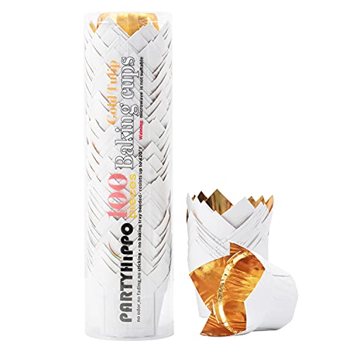 Party Hippo Gold Tulip Cupcake Liners, 100 Count Baking Paper Cups, Greaseproof Cupcake Wrappers for Muffins, Cupcakes, Wedding, Birthday, Baby Shower - color: White