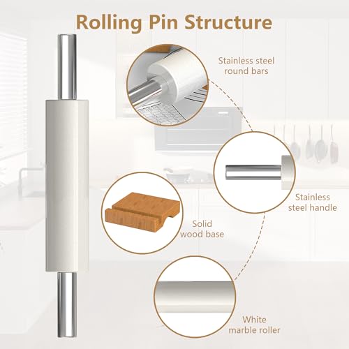 18.5'' Marble Rolling Pin,Stainless Steel Handles,3-Thickness Rings & Stand