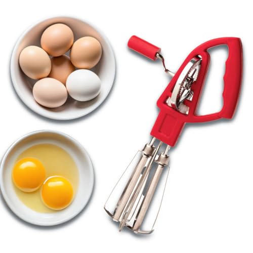 Kings County Tools Rotary Egg Beater Manual Hand Crank Mixer, Red - color: Red