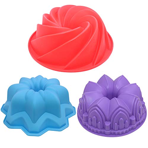 3 Pcs Silicone Cake Bread Baking Molds - Large Swirl, Castle, and Double Flower Shapes for Birthday Party DIY