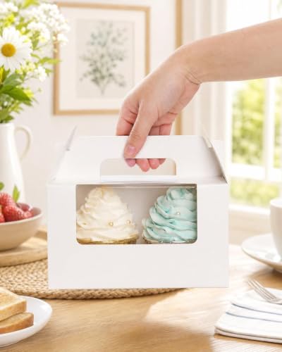 qiqee Cupcake Box Two Holder 6.5x3.6x3.5inch(2.2" Top) 50pcs White 2 Cupcake Boxes With Window - color: White, size: 50Pcs, Two Holder