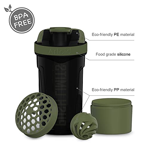 Artoid Sports Protein Shaker Bottle, 24-Ounce, Dual Mixing Technology, BPA Free, Black/Moss Green - color: Black/Moss Green