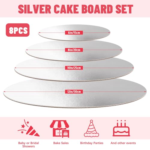 8 Pack Round Cake Boards, Silver Cake Circles 6, 8, 10 and 12 Inch - color: Silver, size: 6/8/10/12Inch, style: Classic Round