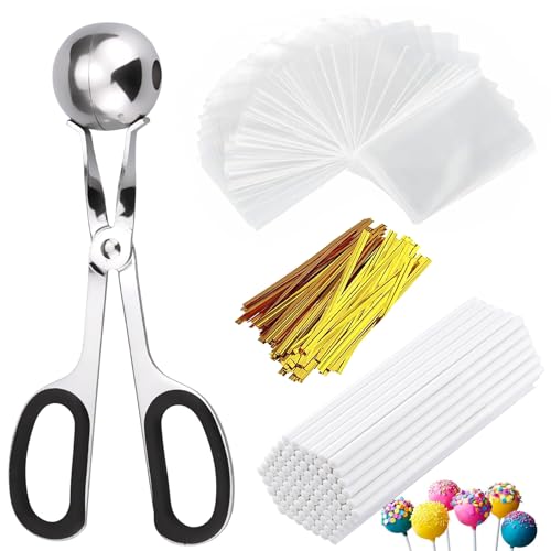 Lollipop Cake Pop Treat Bag Kit, Including 100Pcs Cake Pop Sticks, 100Pcs Parcel Bags, 100Pcs Twist Ties and 1 Cake Pop Mold, Cake Pop Maker Tools for Lollipops, Candies, Chocolates, Cookies - color: White